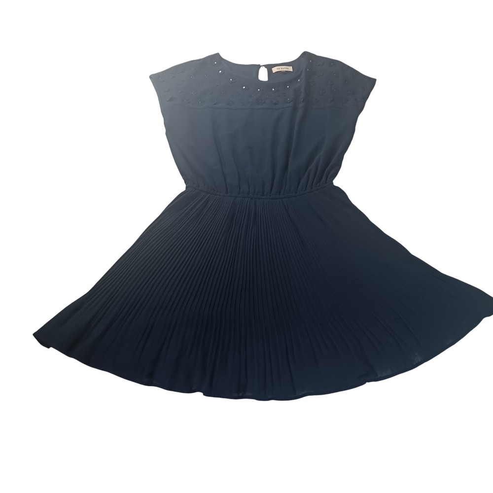 La Babite Pleated Fit & Flare Dress 60001911003 Womens L Navy Blue Embroidered
